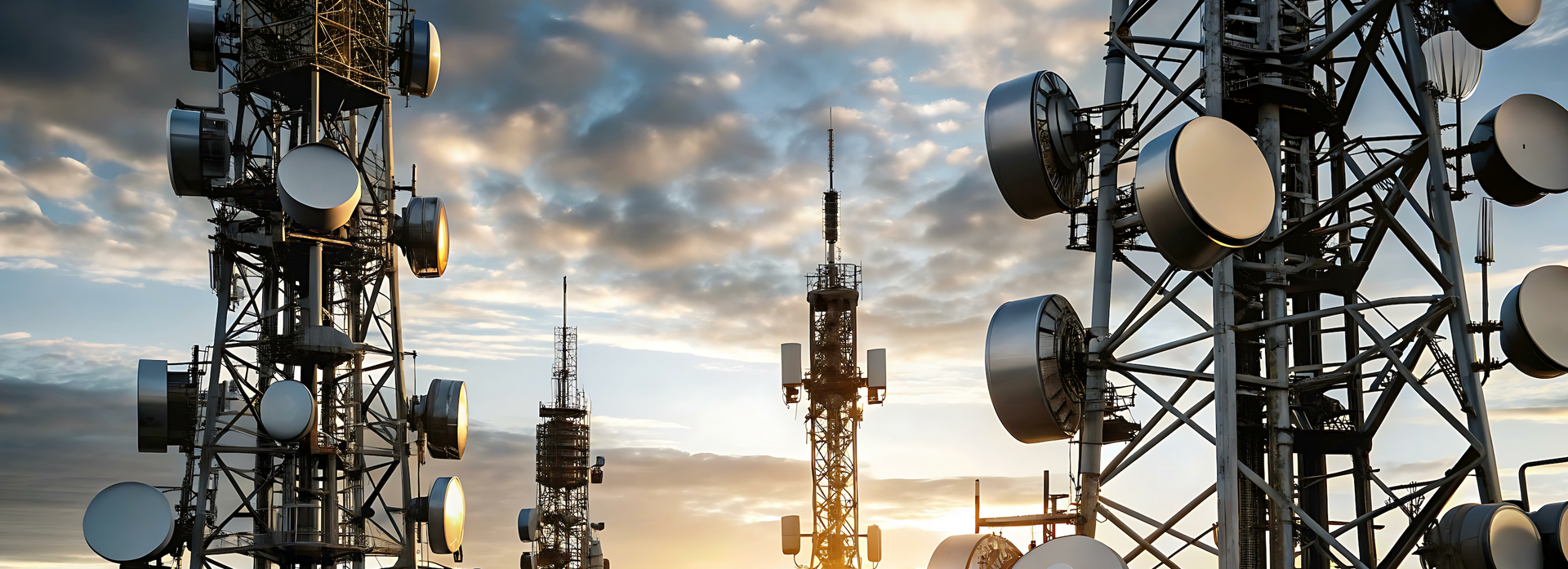 A group of telephone towers against a cloudy sky at sunset.