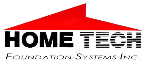 A logo for home tech foundation systems inc. with a red roof.