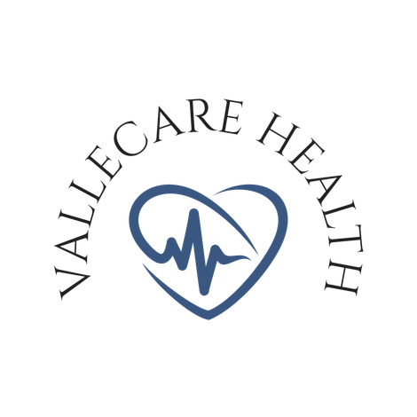 The logo for vallecare health has a heart with a heartbeat inside of it.