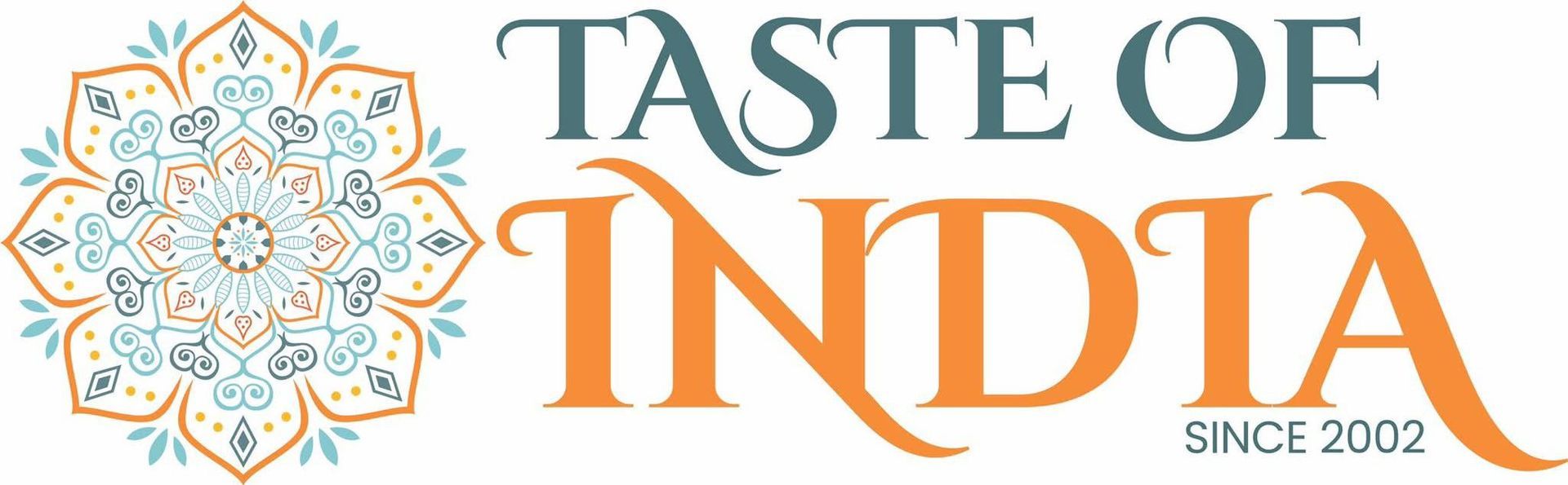 Het Taste of India-logo met een turquoise mandala en oranje tekst, en de slogan
