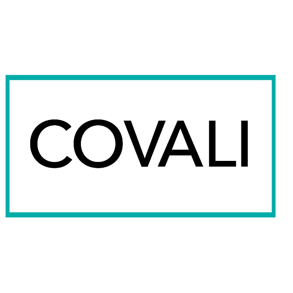 Het COVALI-logo in zwarte tekst binnen een turquoise rechthoekig kader op een witte achtergrond.
