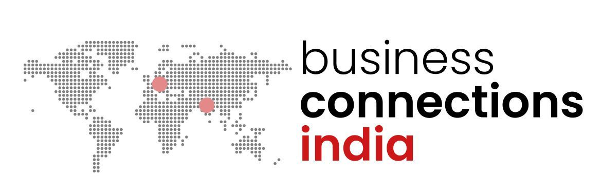 Het Business Connections India-logo met een grijze wereldkaart en rode accenten.