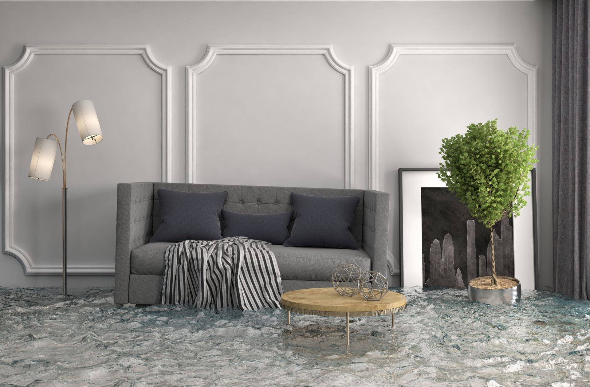 A flooded house interior