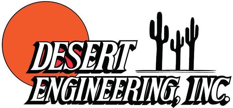 A logo for desert engineering inc. with a sun and cactus