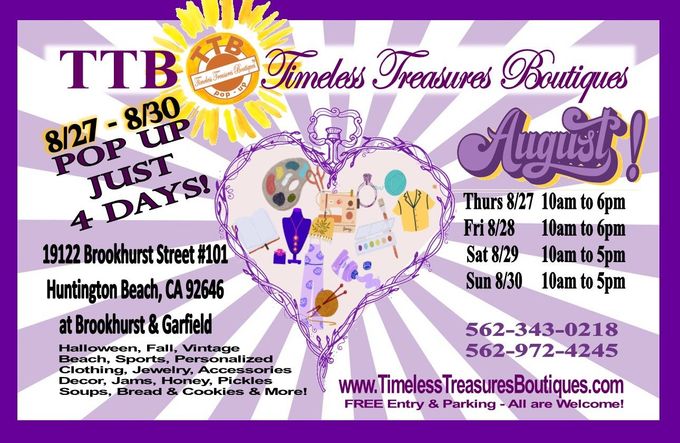 Timeless Treasures Boutique pop up Purple event flyer for TTB July 29–30 pop-up at Brookhurst and Garfield in Huntington Beach, with hours and pricing.