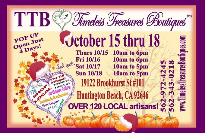 Timeless Treasures Boutique pop up Purple TTB promotional flyer for pop-up shop at Huntington Beach, Sept. 10–13, with map and contact info