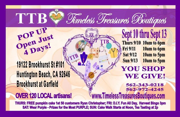 Timeless Treasures Boutique pop up Purple TTB promotional flyer for pop-up shop at Huntington Beach, Sept. 10–13, with map and contact info