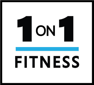 1 on 1 Fitness logo with black text and blue underline on a white background