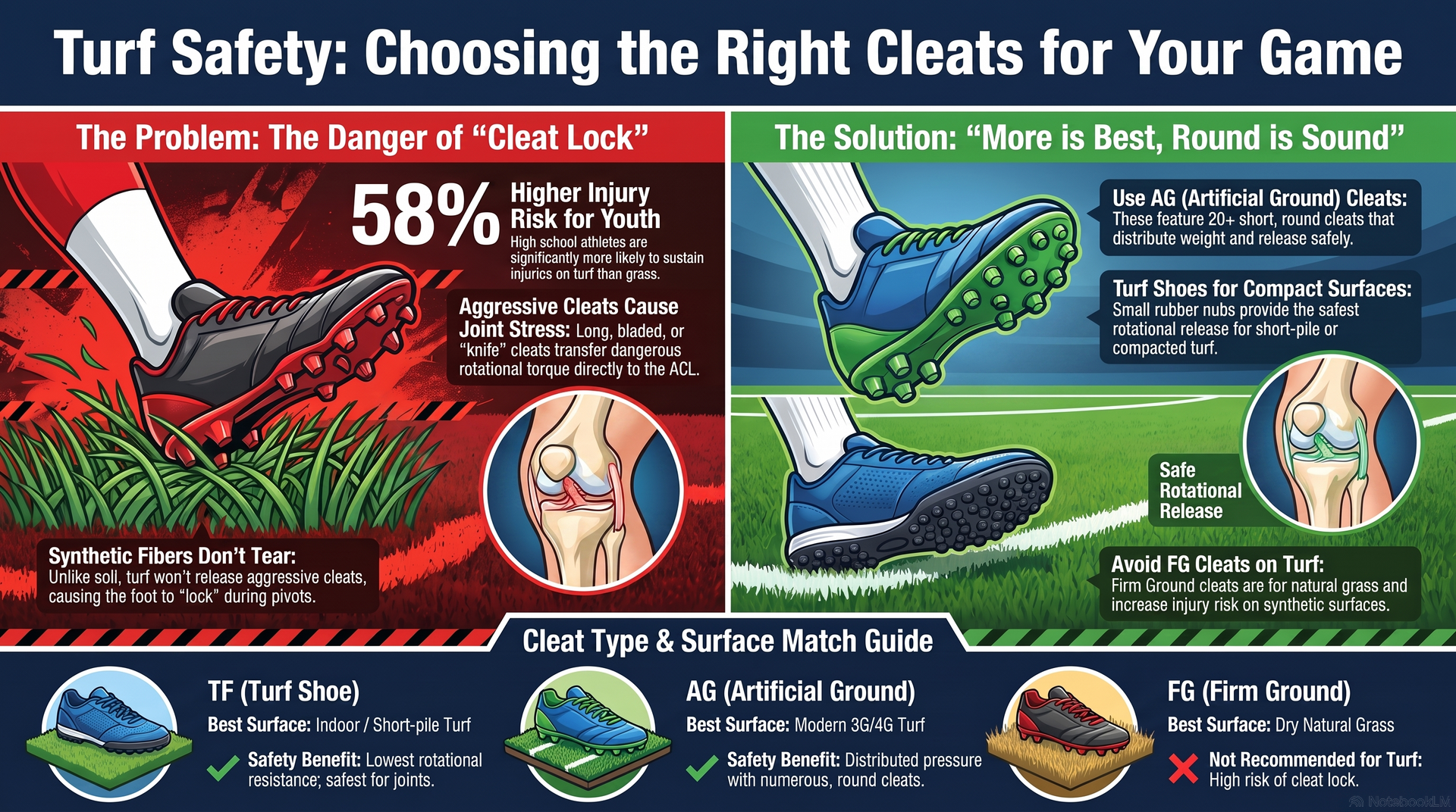 Infographic comparing red, black, and green cleats for turf safety and traction.