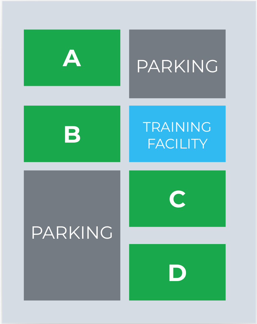 Campus map with green A, B, C, D blocks and gray parking areas beside a blue training facility.