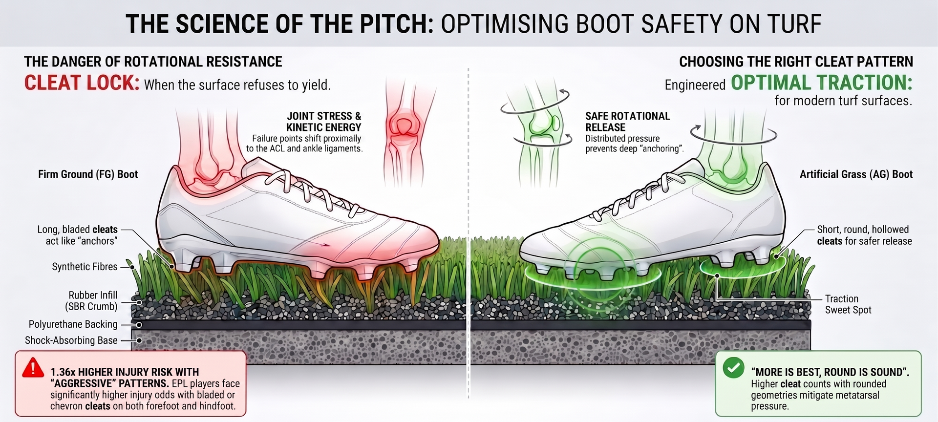 Infographic comparing cleat lock contact on turf: red left shows poor traction, green right shows optimal traction.