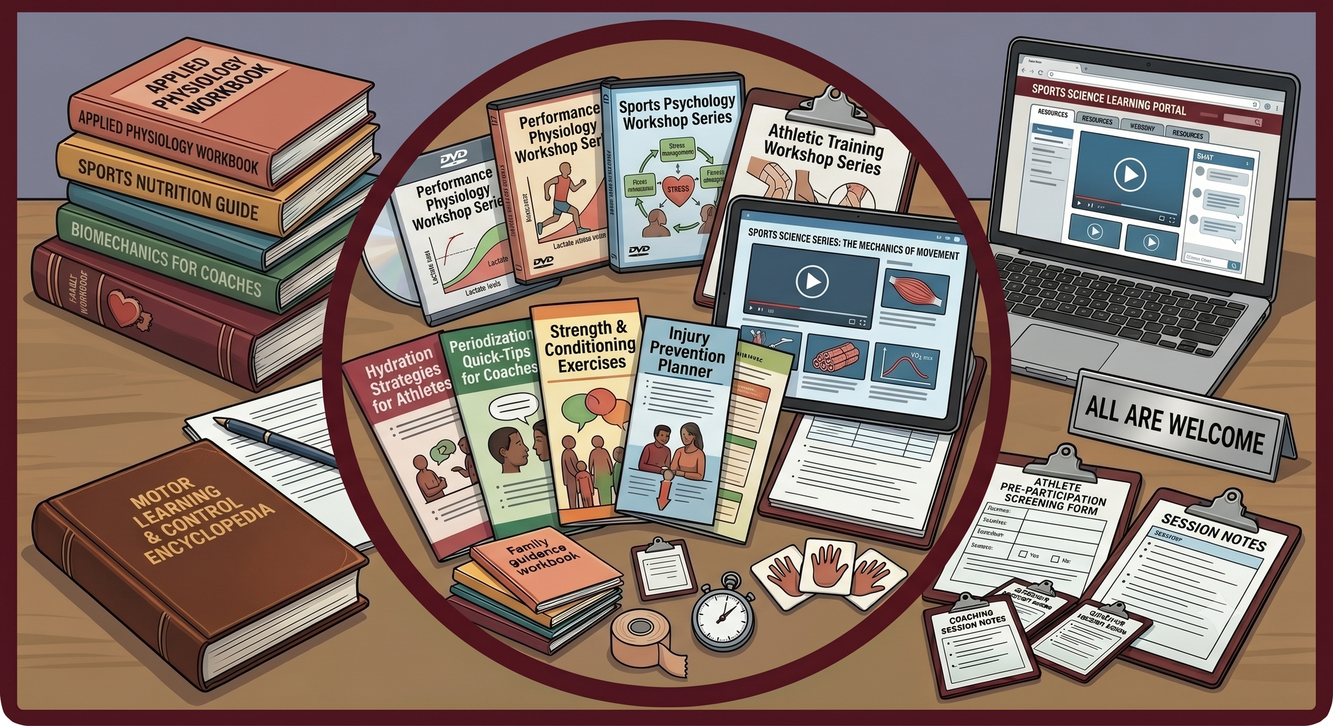 Assorted books and pamphlets spread on a table, with an open book and small trinkets in a framed display.