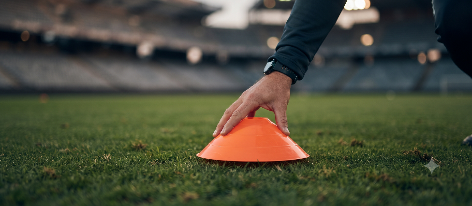 Person placing an orange training cone on a grassy sports field