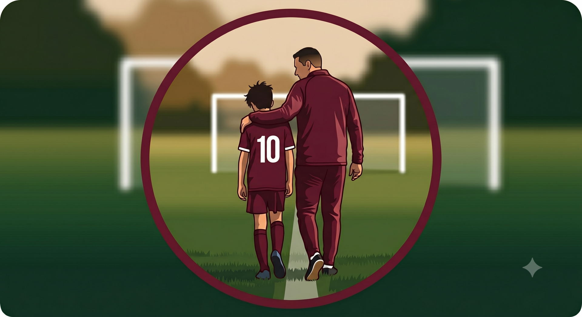Two soccer players in maroon jerseys walking toward a goal on a green field, highlighted in a circle