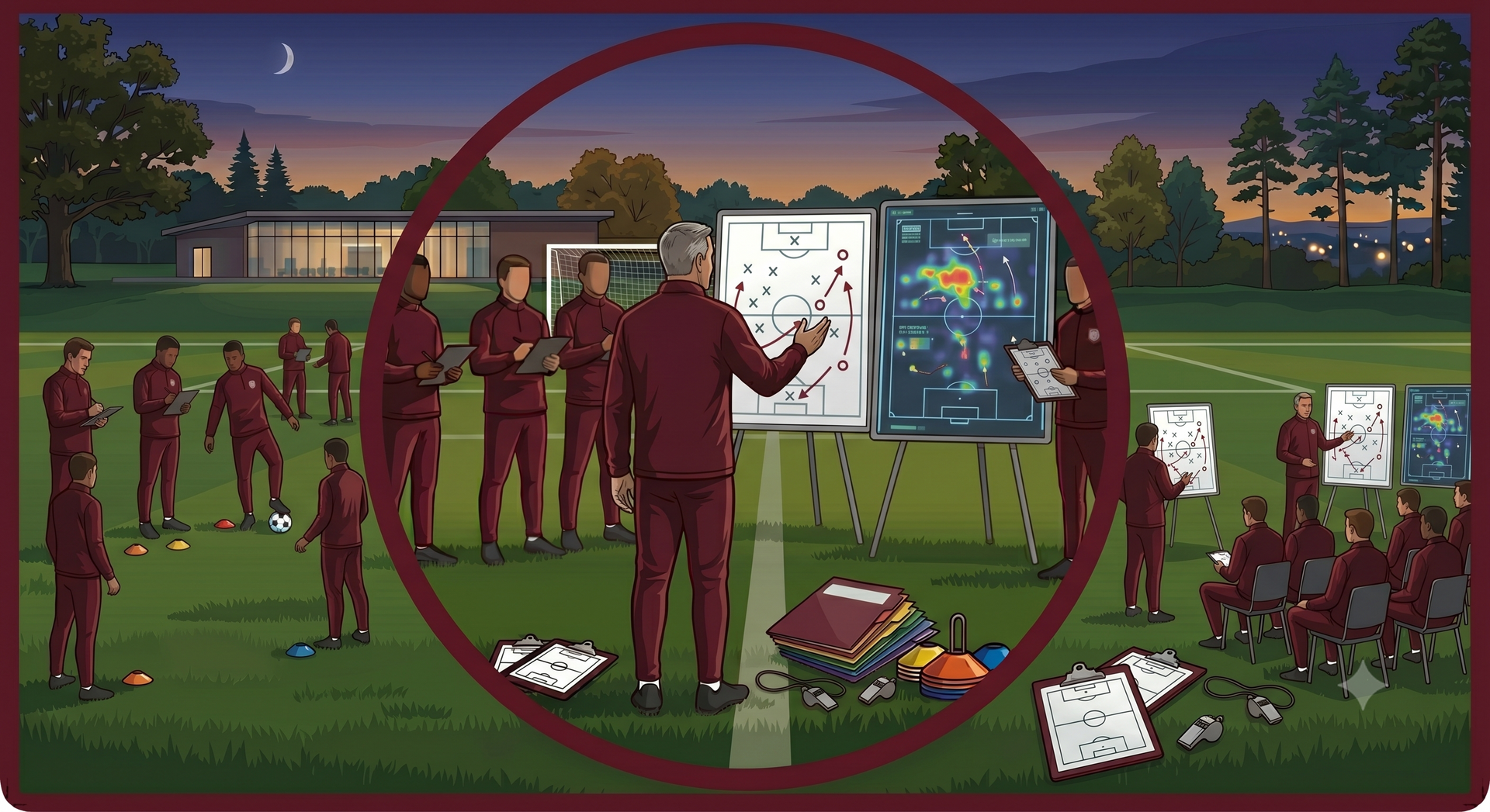 Students in a park classroom, with a teacher at an easel and a large map board at dusk.