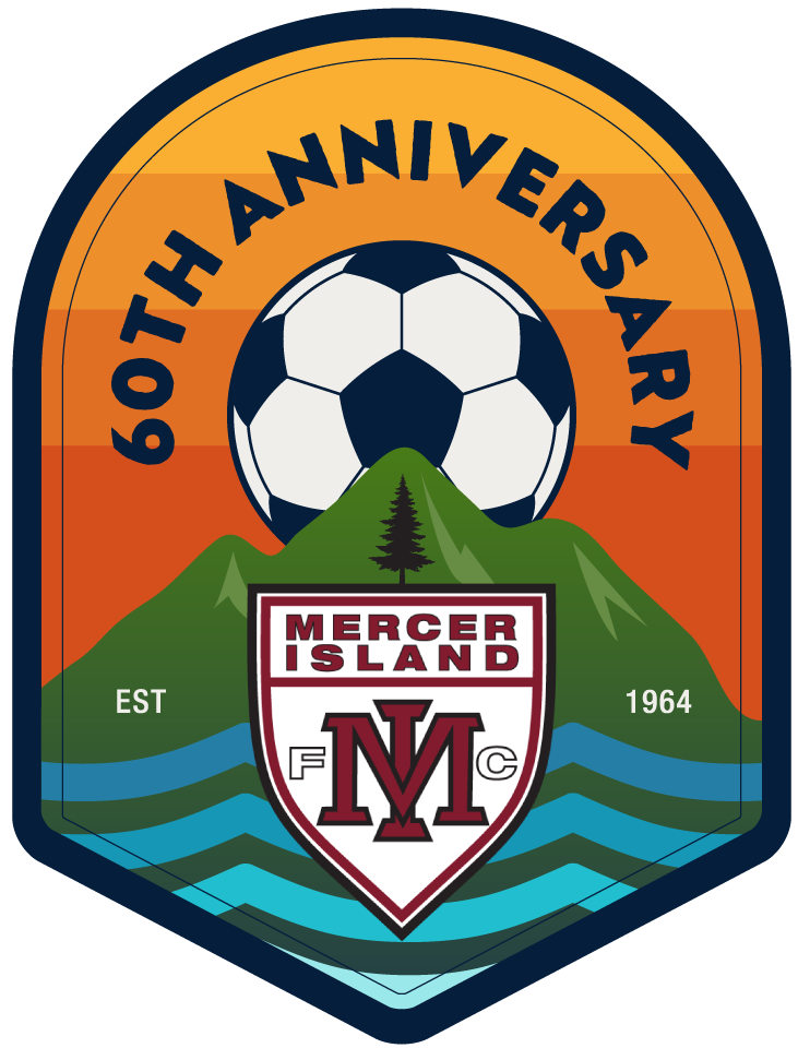 Mercer Island 60th Anniversary soccer crest in orange, navy, and green with ball and shield logo