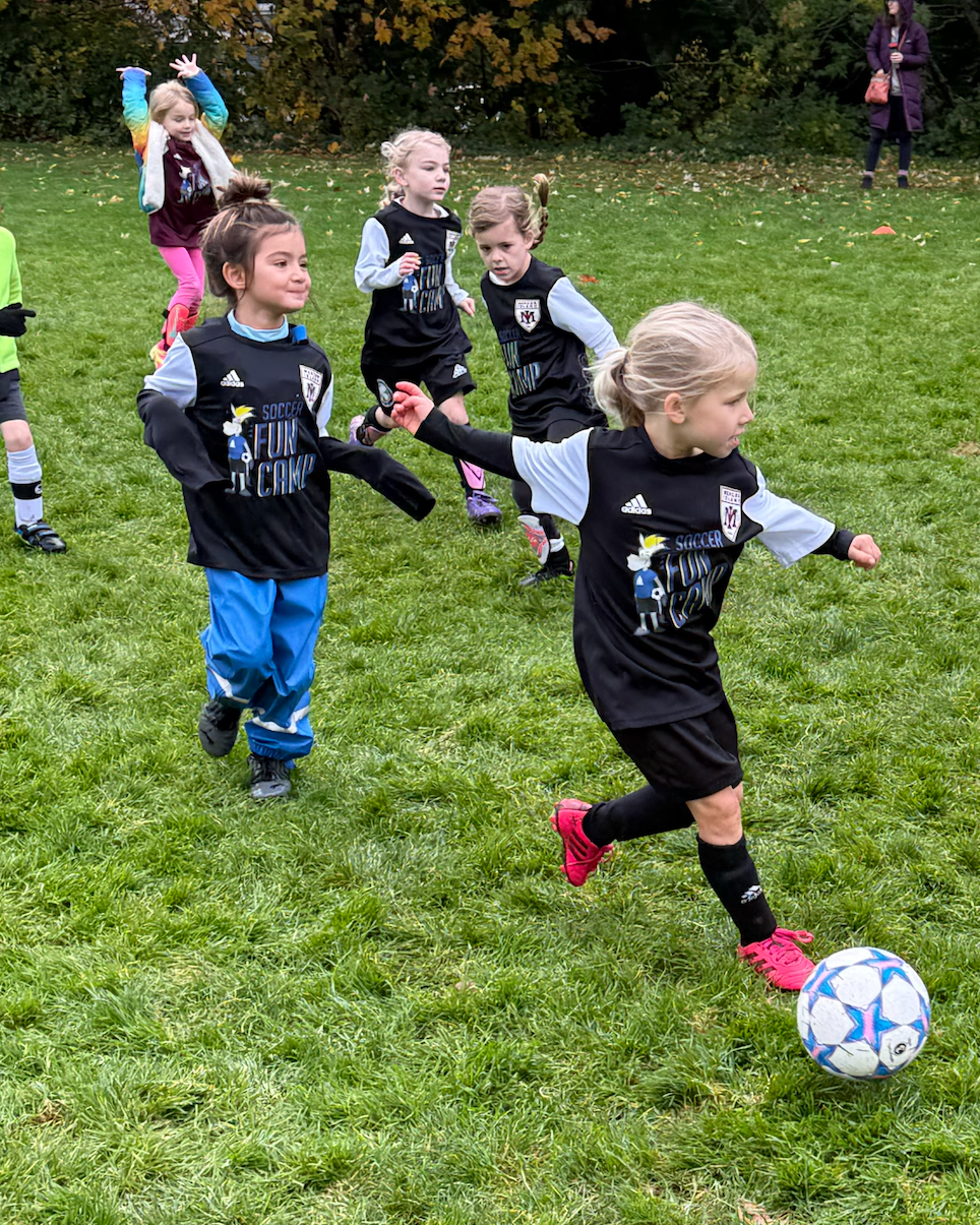 Children playing soccer on a grassy field, with one child dribbling a blue-and-white ball.