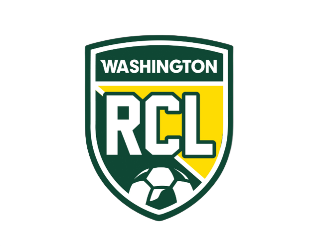 Washington RCL soccer club shield logo in green, white, and yellow with a soccer ball.