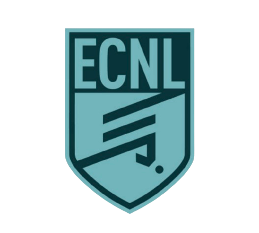 ECNL shield logo in teal and dark gray with stylized letters and soccer lines