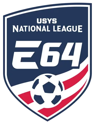 USYS National League E64 soccer logo in navy, white, and red shield design