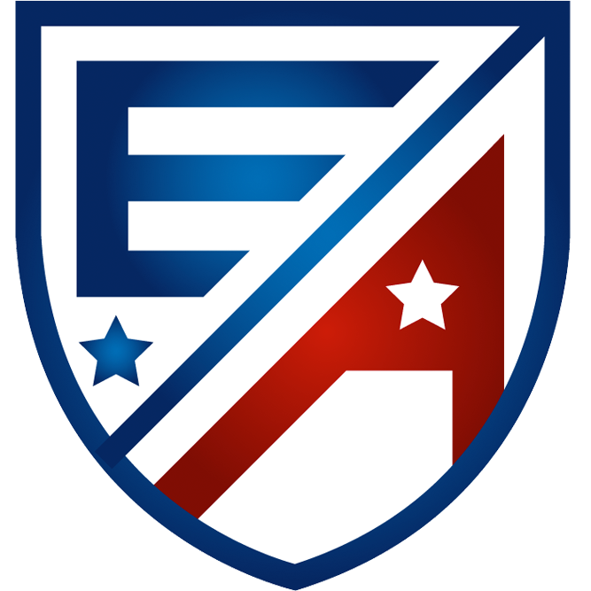 Blue-and-red shield logo with stylized EA letters and stars