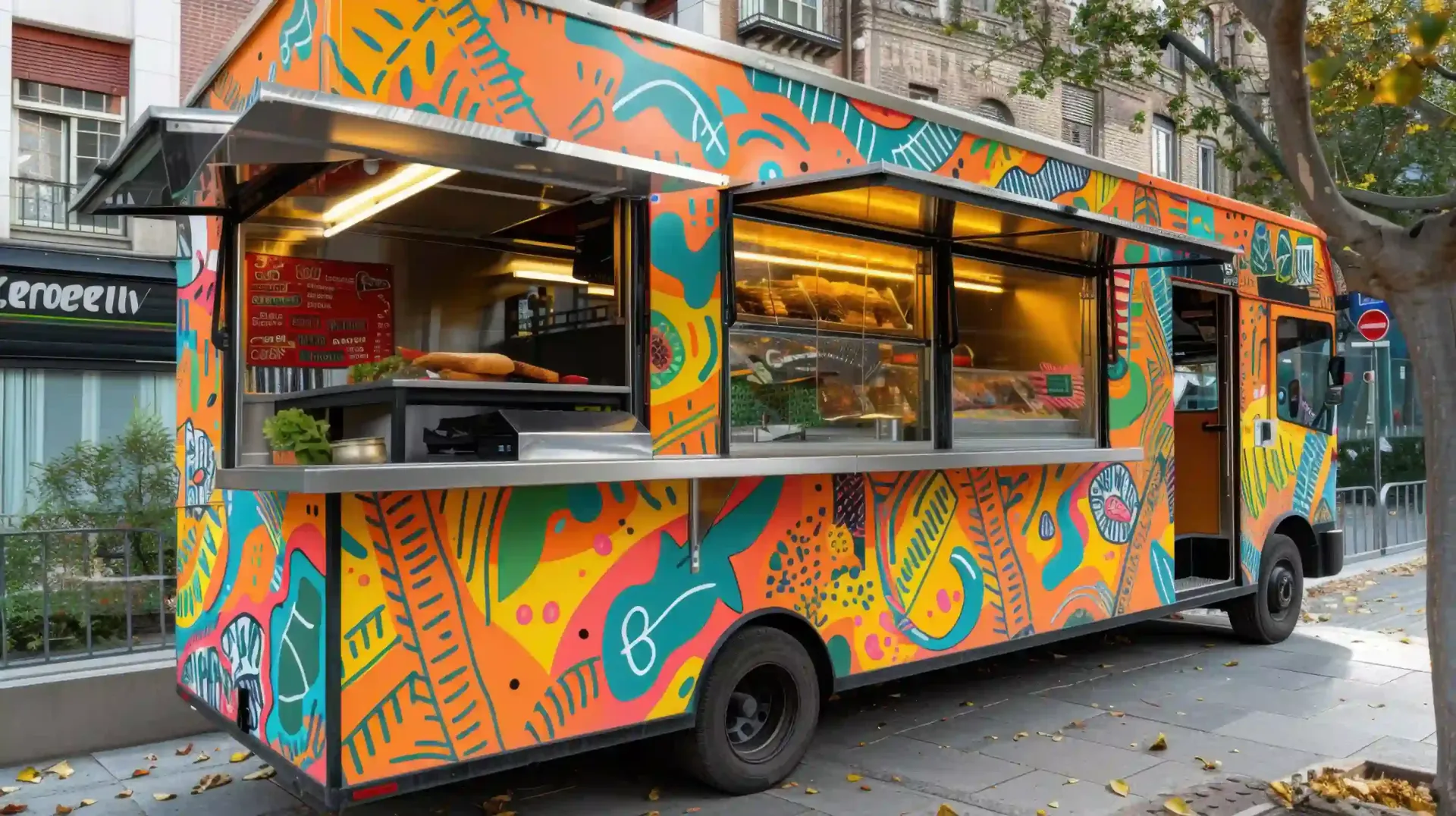Brightly painted food truck with open serving windows parked on a tree-lined city street