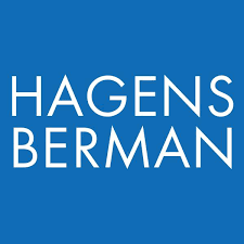 Hagens Berman logo in white text on a blue background