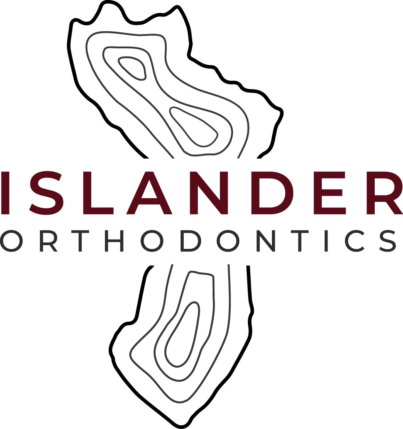 Islander Orthodontics logo with stylized black island outlines above maroon and black text on white background