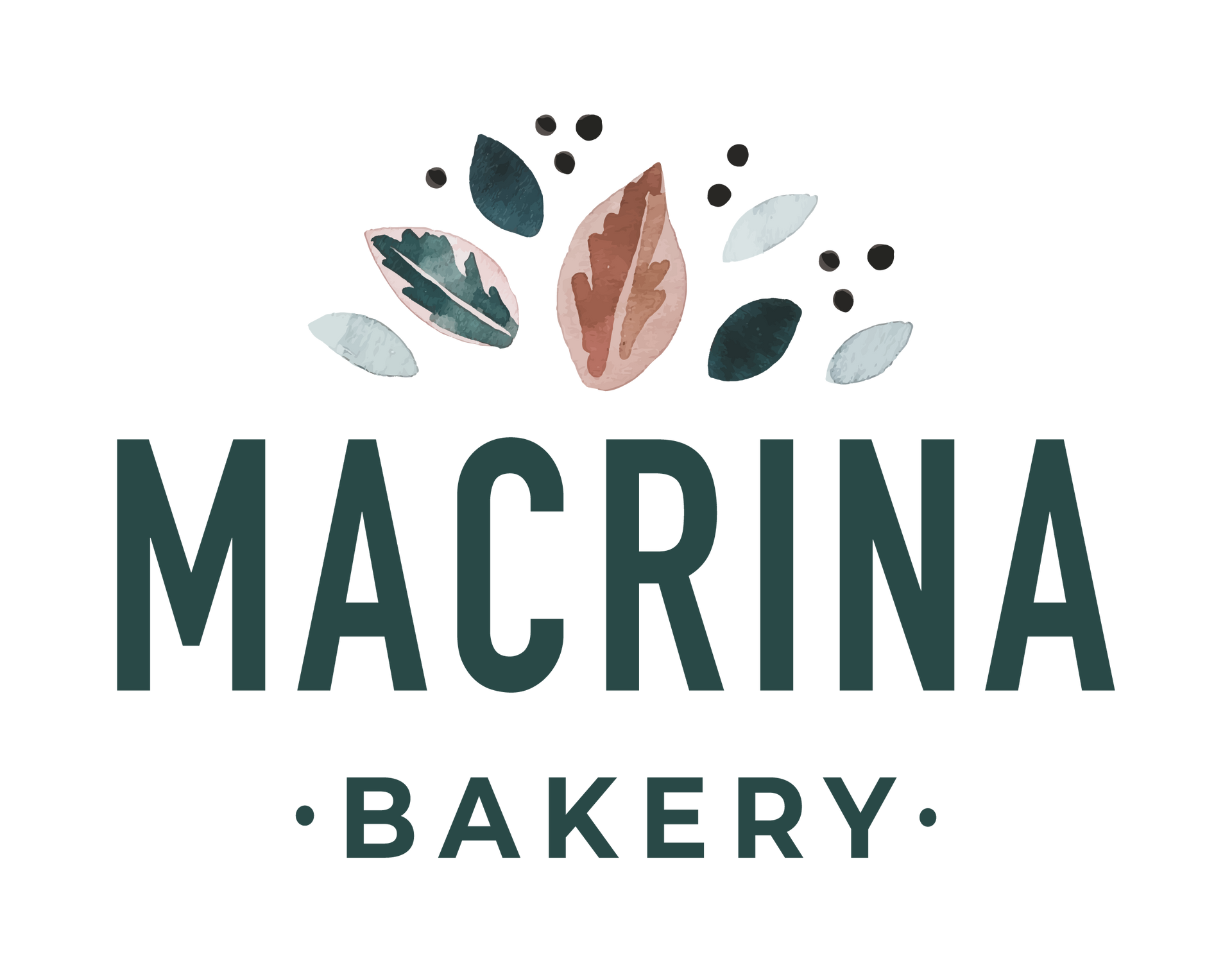 Mocrina Bakery logo with green text and stylized leaves in muted earth tones