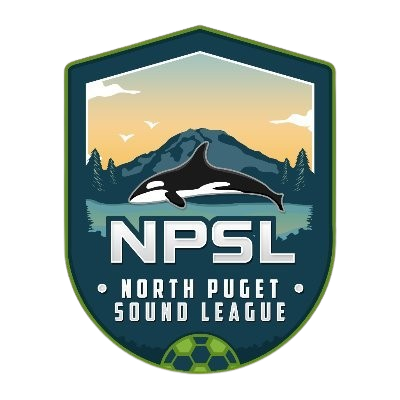 NPSL North Puget Sound League logo with orca, mountains, sunset, and soccer ball shield