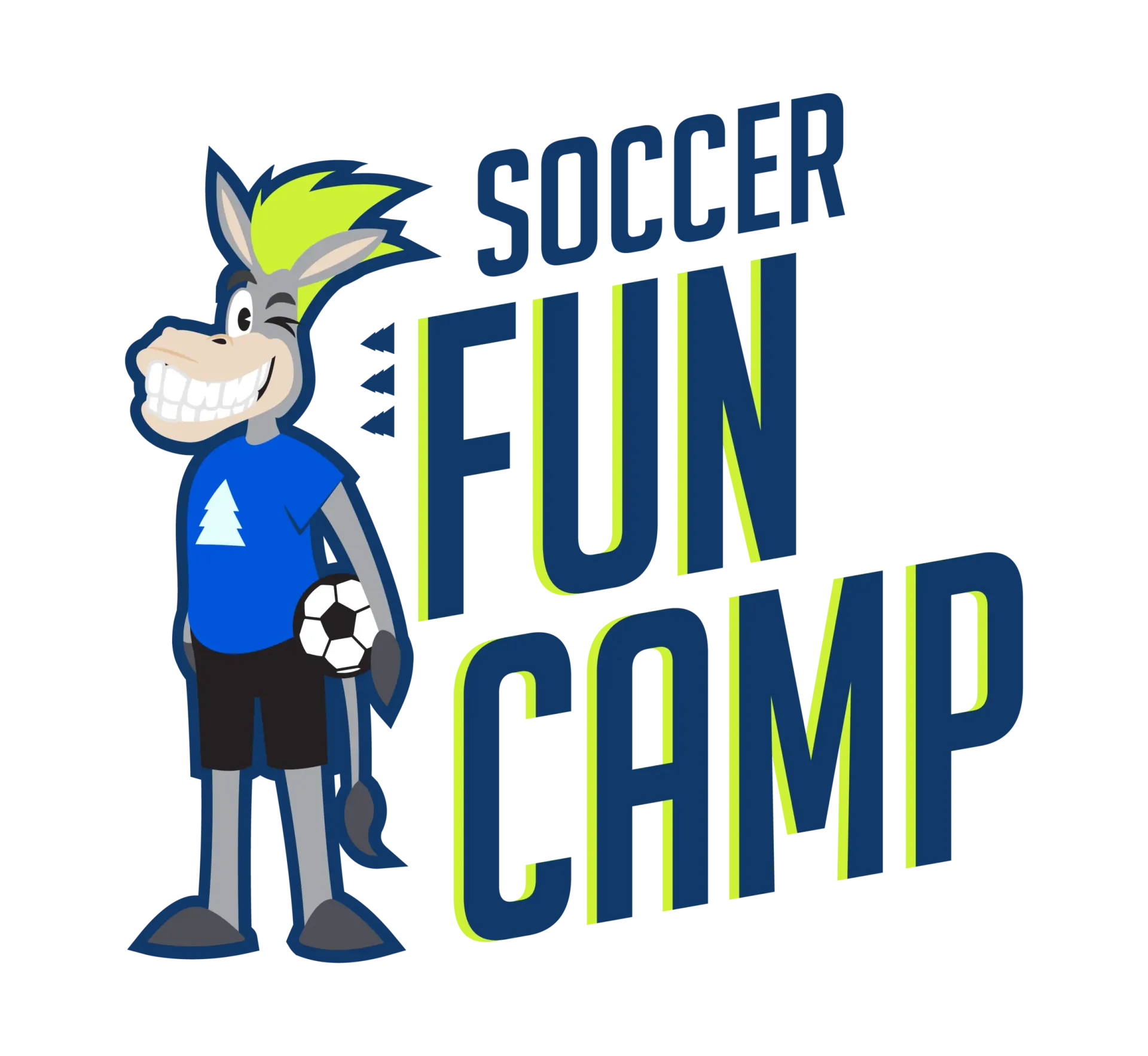 Cartoon soccer mascot beside bold blue and green text reading “Soccer Fun Camp”