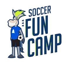 Mascot in blue shirt holding a soccer ball beside “Soccer Fun Camp” text