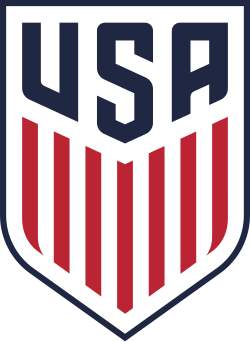 USA soccer crest with navy letters and red-and-white shield stripes