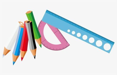 Colorful school supplies: pencils, ruler, protractor, and crayons on a white background