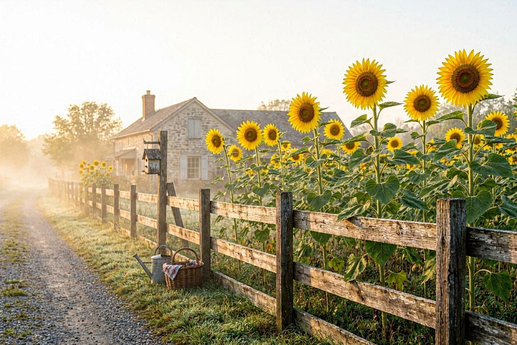 Sunlit sunflower field beside a wooden fence and farmhouse at dawn