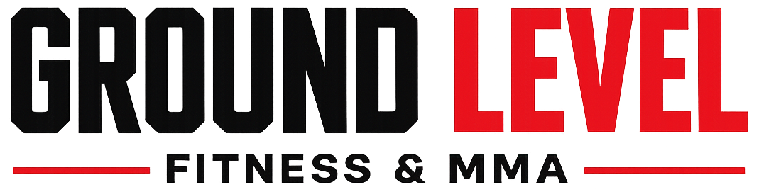 Ground Level Fitness logo with bold black and red text and a barbell icon in a black square