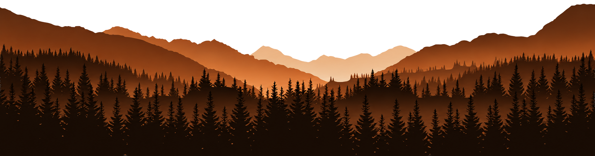 Layered pine forest silhouettes before orange mountains at sunrise