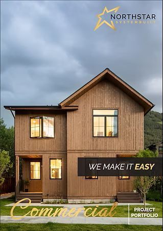Modern wooden commercial house exterior with large windows under cloudy sky, “We make it easy” banner and logo