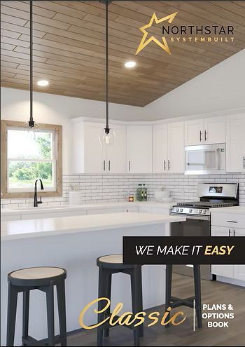 Bright white kitchen with wood ceiling, pendant lights, island, and cabinetry; Northstar Systembuilt ad text.