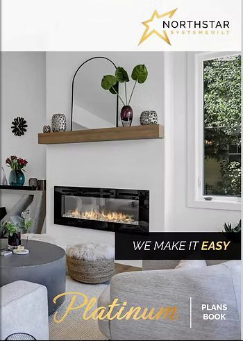 Modern living room with fireplace, wooden mantel, and Northstar logo promoting Platinum plans.