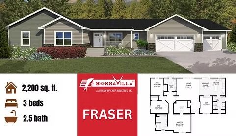 Single-story gray house exterior with floor plan and listing details for a 2,200 sq ft Fraser home.