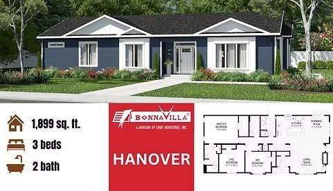 Single-story gray house rendering with floor plan and labels for 1,899 sq. ft., 3 beds, 2 bath, Hanover