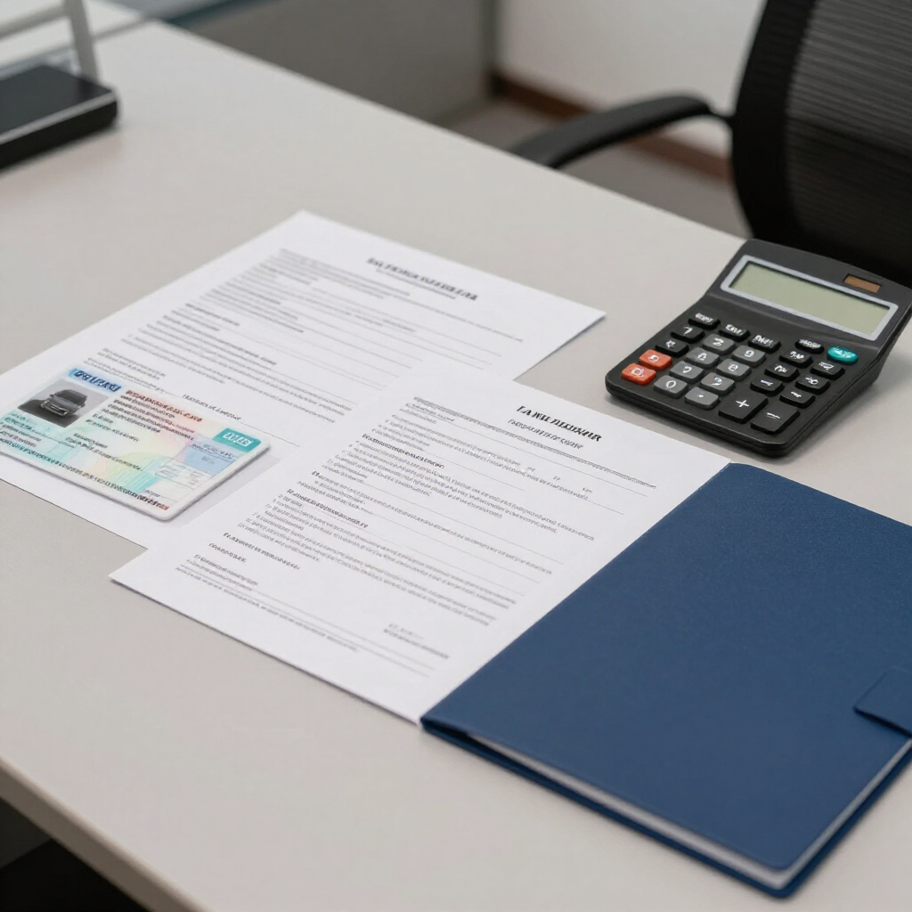 Escritorio de oficina con documentos, calculadora, tarjeta de identificación y carpeta azul.