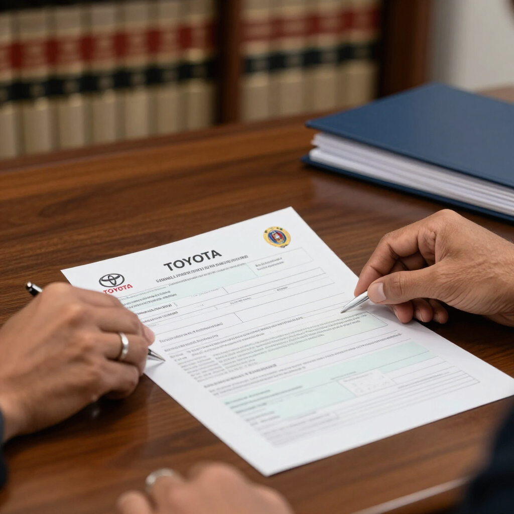 Manos revisando un documento de Toyota sobre un escritorio de madera, con libros al fondo.