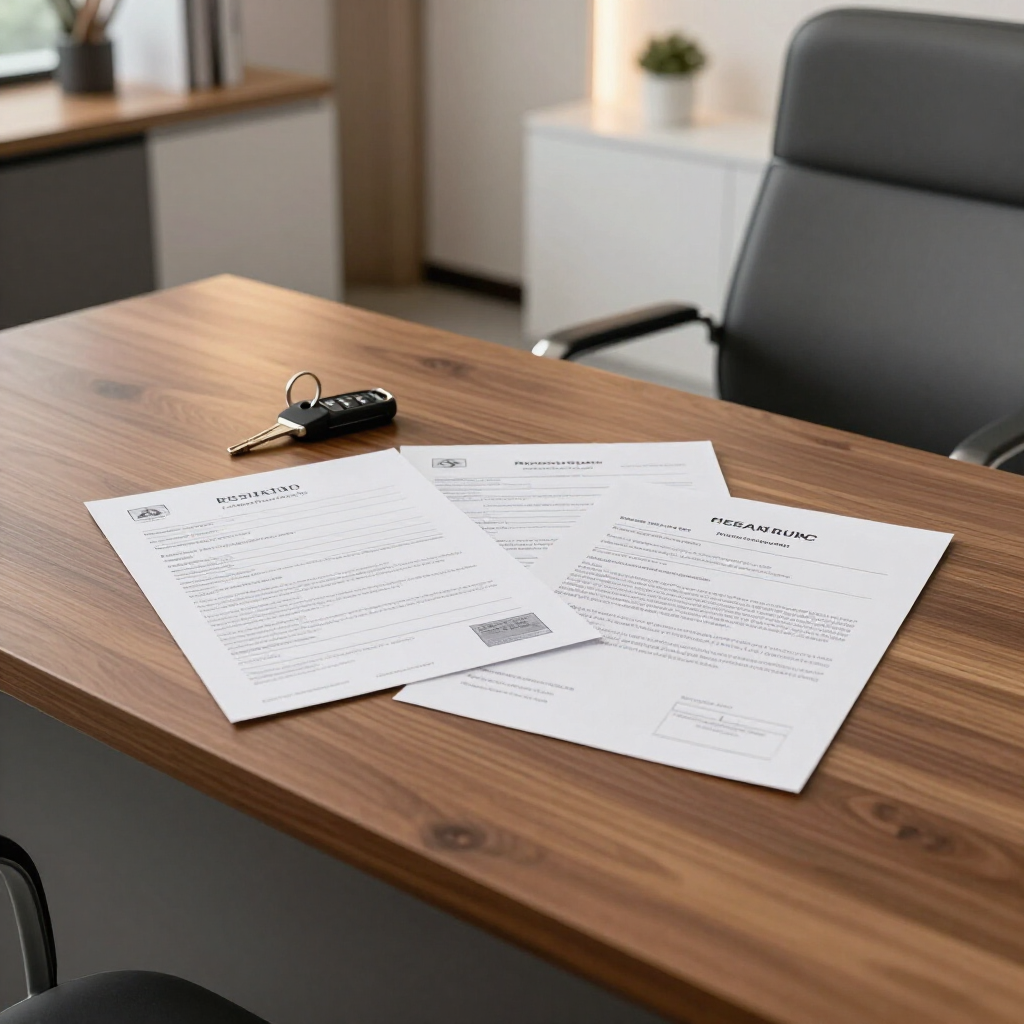Escritorio de oficina con papeles y llaves sobre una mesa de madera en una sala de reuniones.