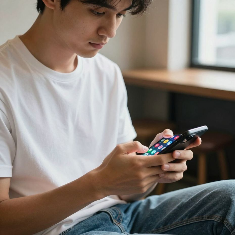 Un uomo in maglietta bianca e jeans utilizza uno smartphone, seduto in casa vicino a una finestra.