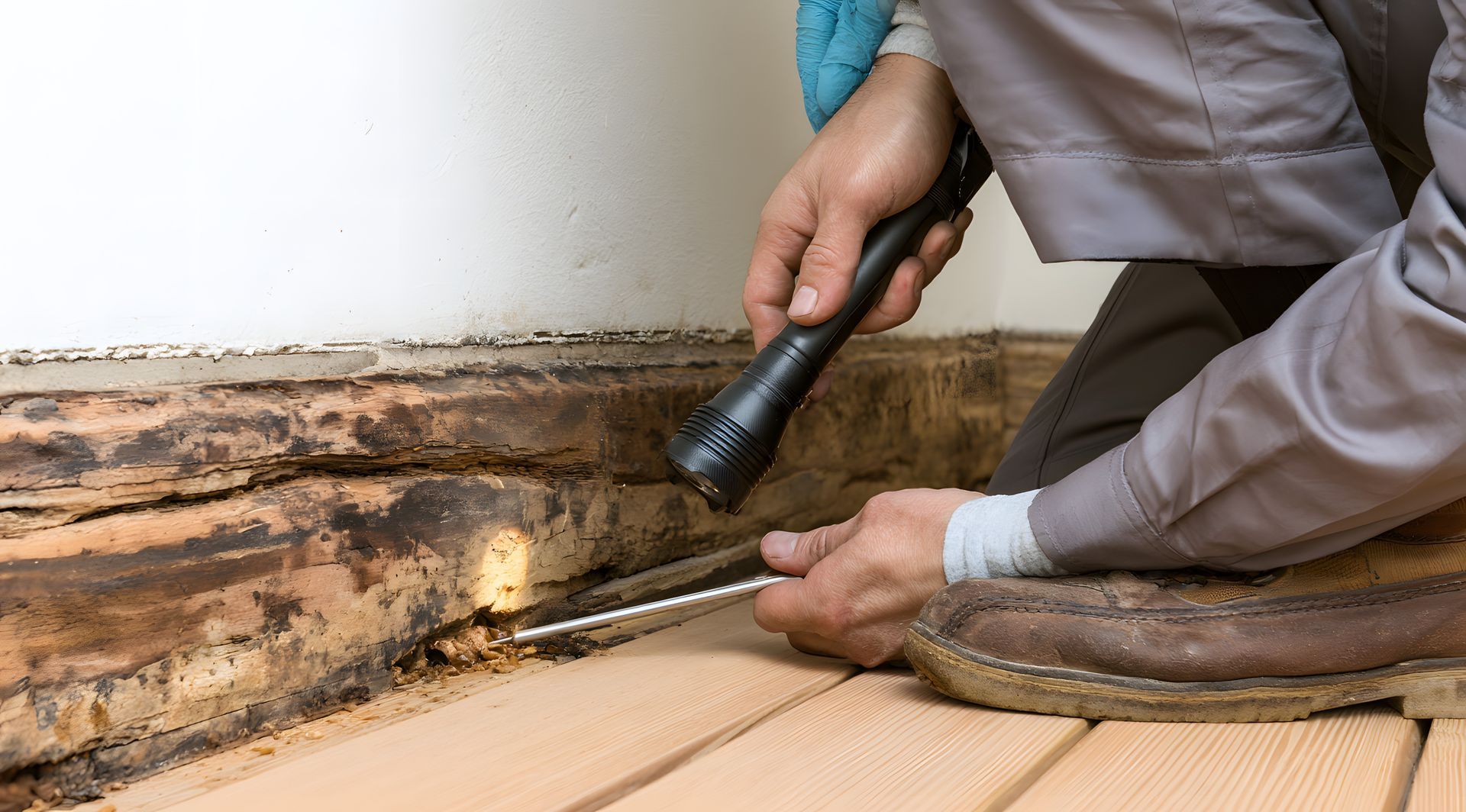 Technician using a flashlight and screwdriver to inspect ant-damaged wood along a home's baseboard