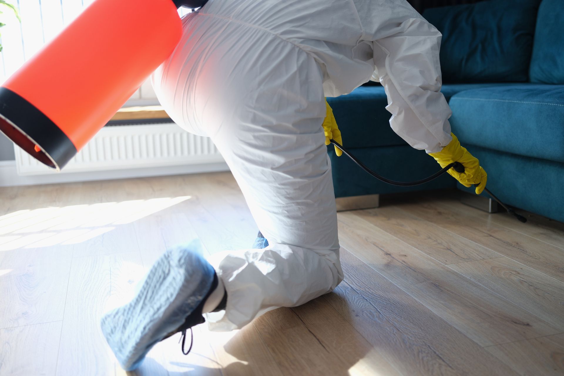 Person in hazmat suit disinfects living room with spray gun.