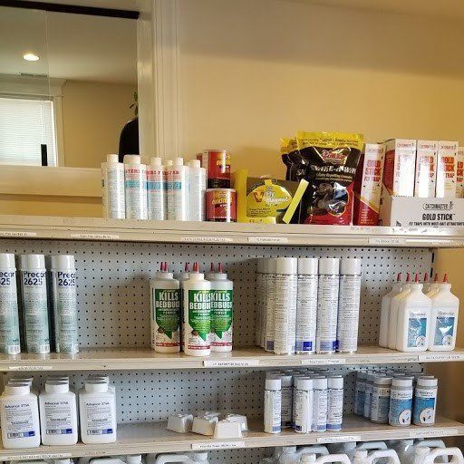 Shelves stocked with various pool chemicals and supplies in a store.