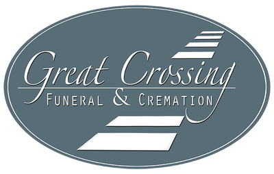 Great Crossing Funeral & Cremation logo in gray and white oval